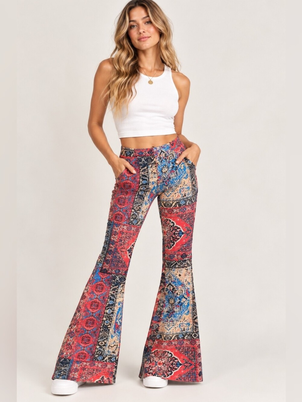 We The Free Patchwork Flare Pants in Red, Blue & Cream